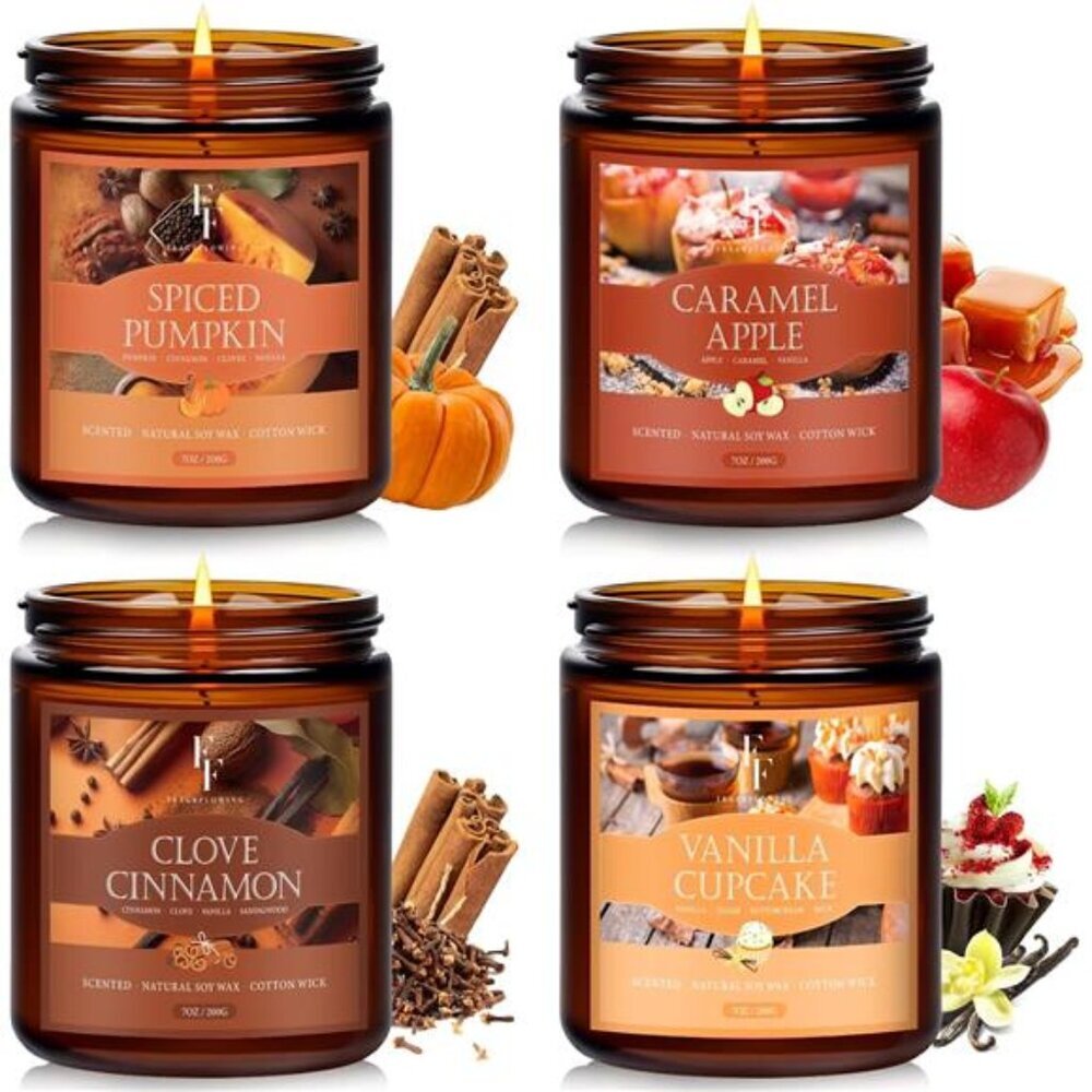 Fall Candle Set 4 Pack Scented Soy Wax Autumn Home Decor Pumpkin Cinnamon Vanill